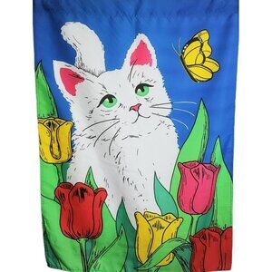 Vintage Kitten Cat Yard Flag Butterfly Spring Tulips Flowers Garden Banner 29x41